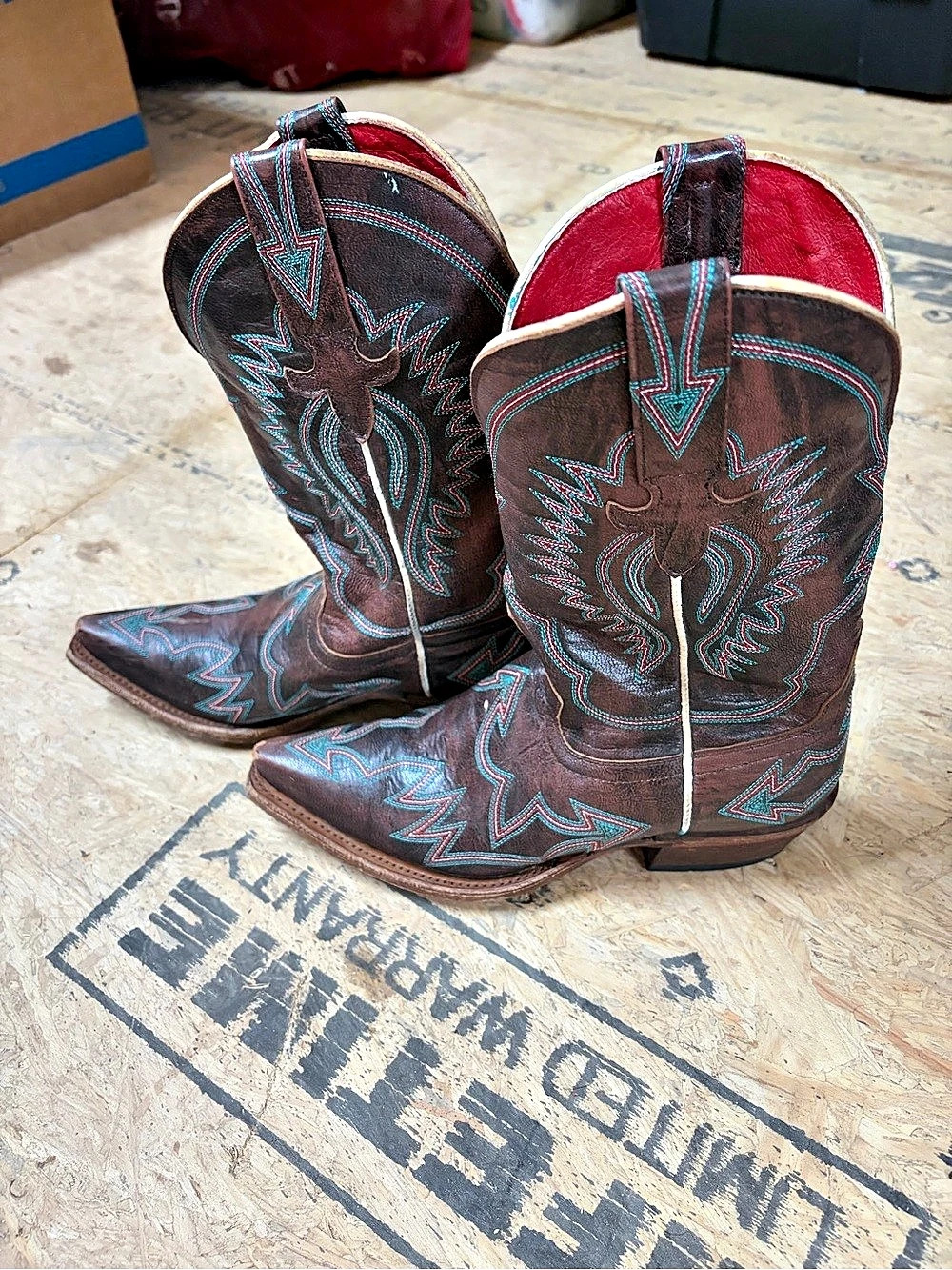 Macie Bean Western Embroidered Heeled Boots in Brown & Red